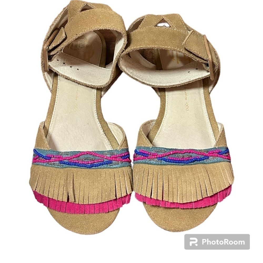 HOUSE OF HARLOW 1960 BEADED FRINGED SUEDE LEATHER SANDALS Bohemian